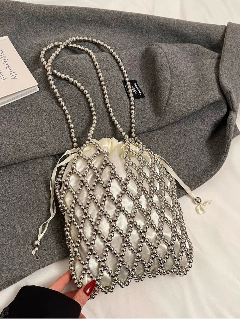 Silver Beaded Drawstring Pouch Bag - Elegant Evening Clutch